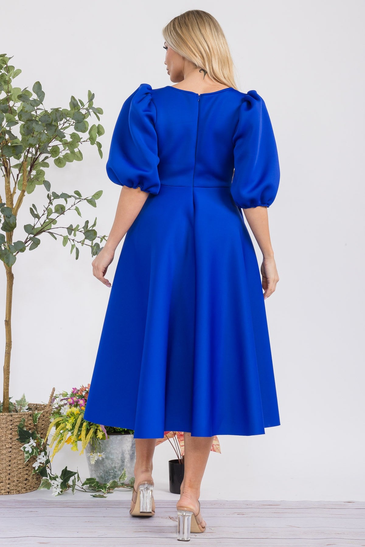 HH727X-S Plus Size Puff Sleeve Midi Dress