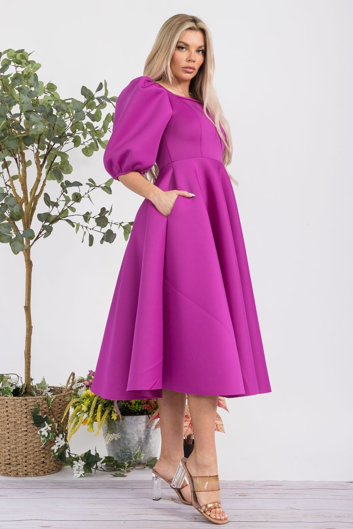 HH727R-S Puff Sleeve Midi Dress