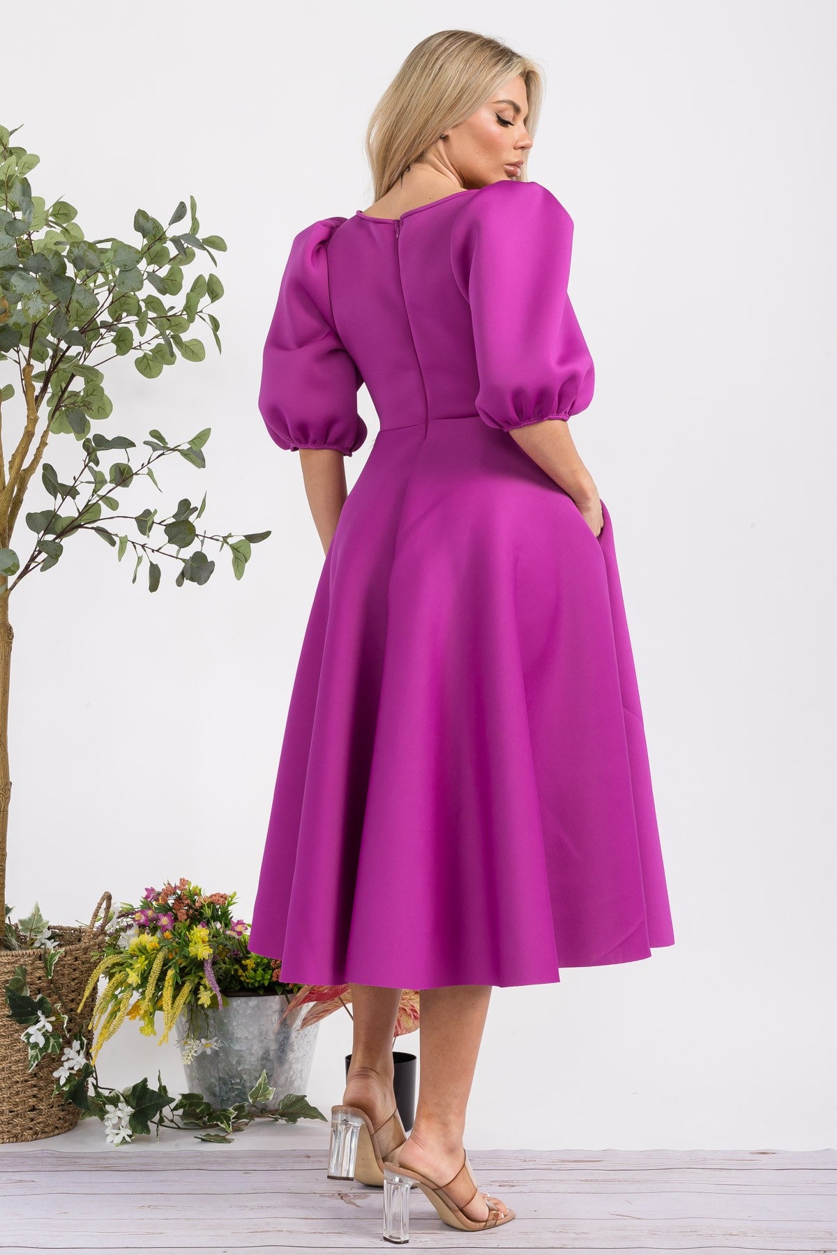 HH727X-S Plus Size Puff Sleeve Midi Dress