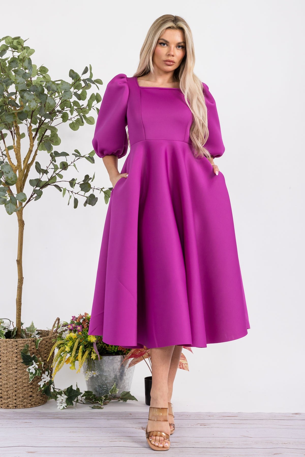 HH727R-S Puff Sleeve Midi Dress