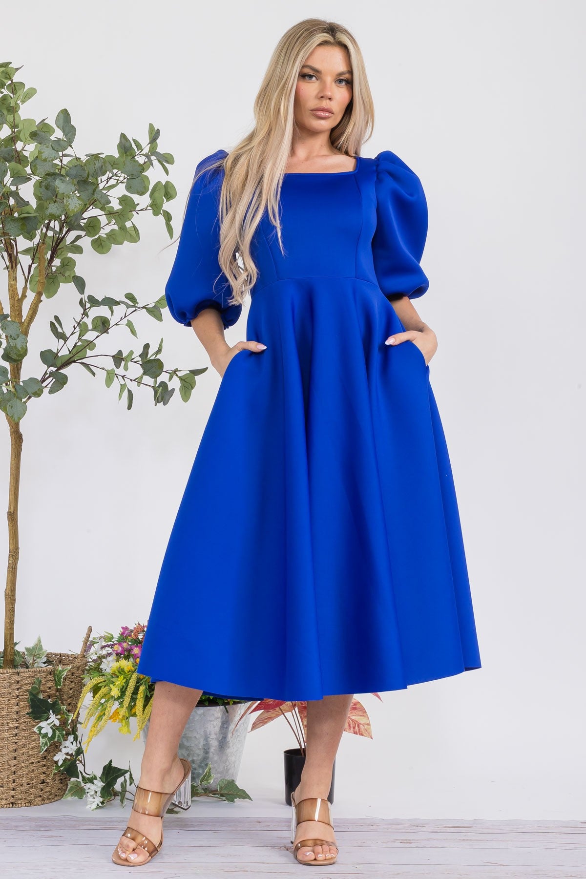 HH727X-S Plus Size Puff Sleeve Midi Dress