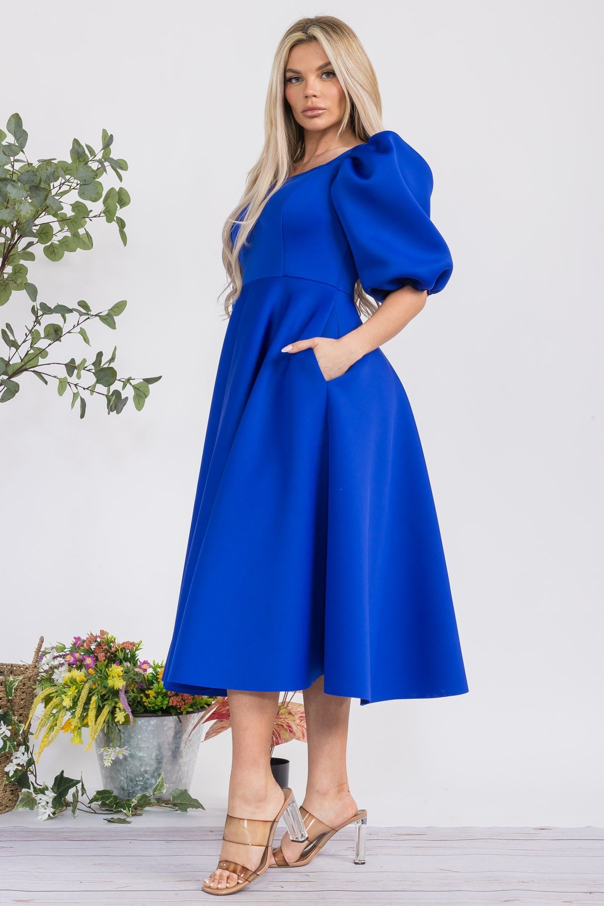 HH727X-S Plus Size Puff Sleeve Midi Dress