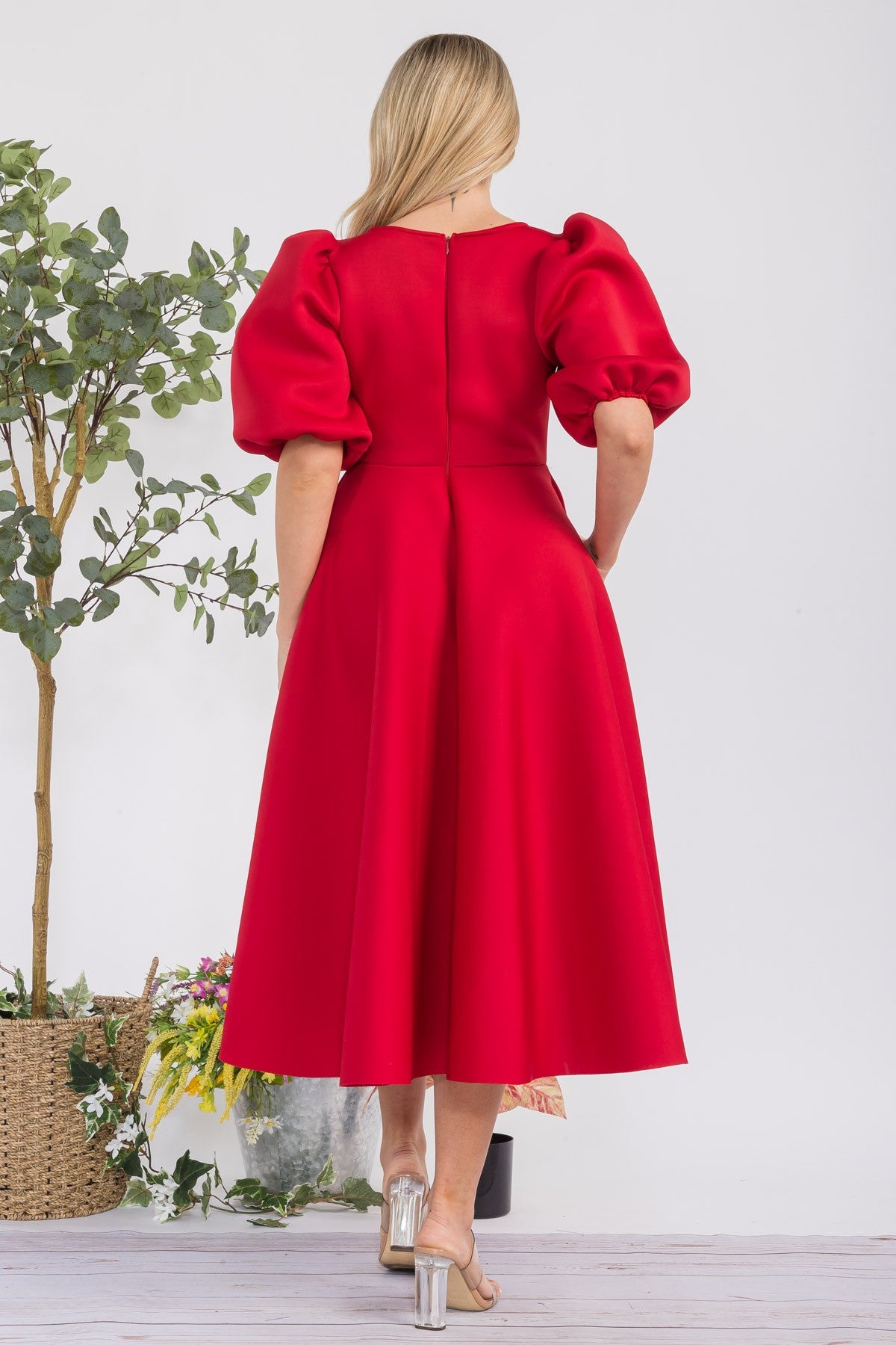 HH727R-S Puff Sleeve Midi Dress