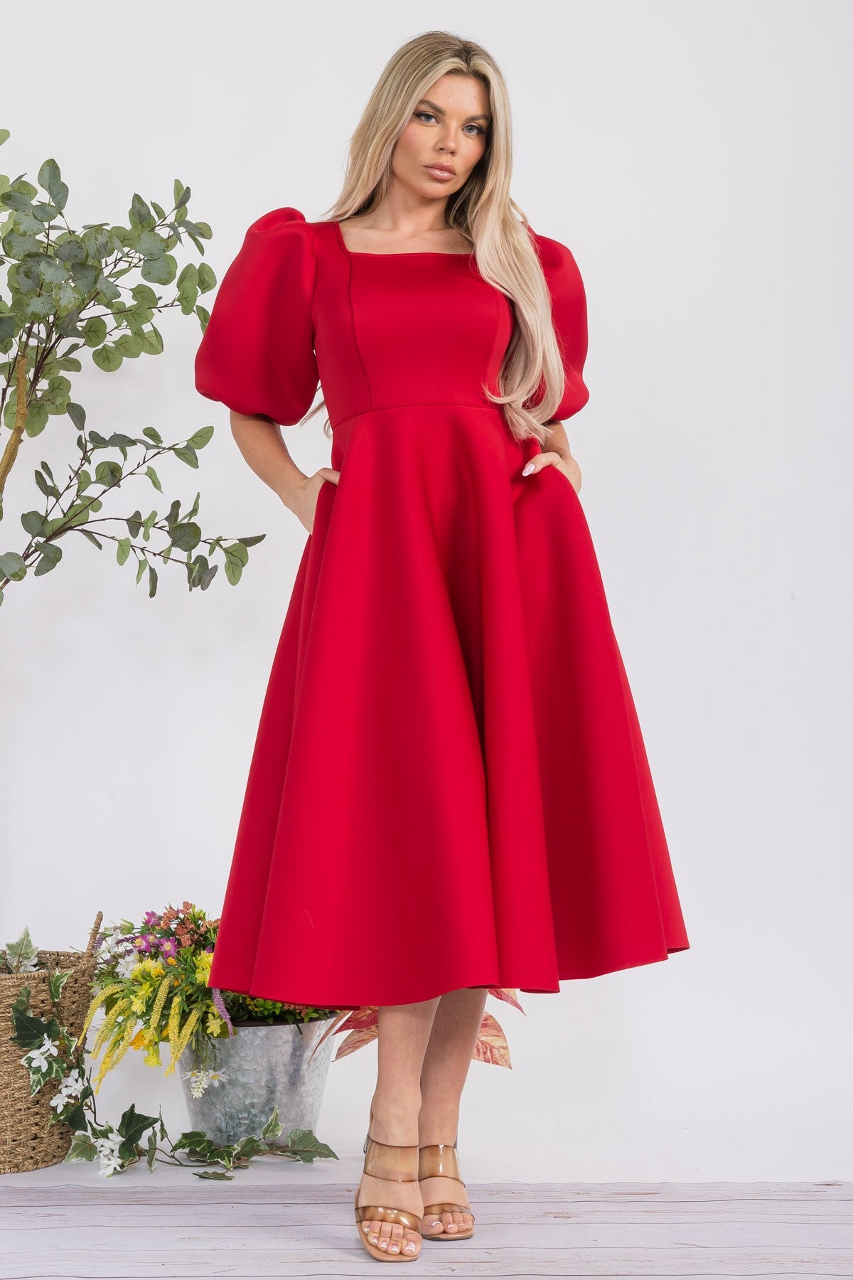 HH727X-S Plus Size Puff Sleeve Midi Dress