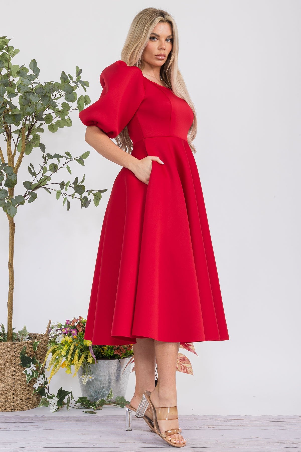 HH727R-S Puff Sleeve Midi Dress