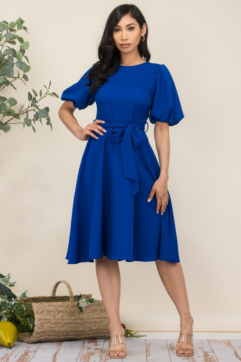 HH680R-SOLID - PRINCESS SLEEVE BELTED MIDI DRESS