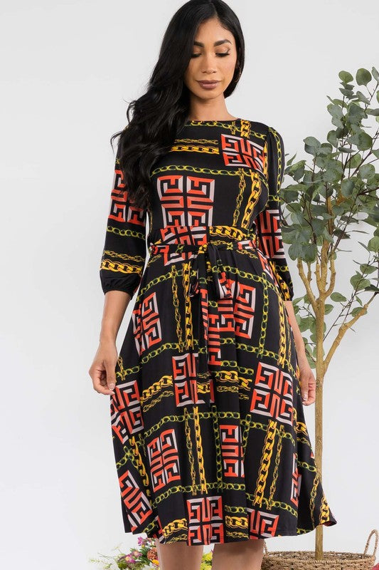 HH583X-P-CH Plus Chain Multiprint Midi Tie-Up Dress with Midi Sleeves