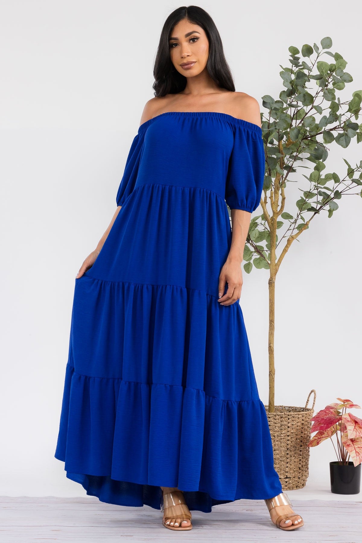 S25659 Off-Shoulder Tiered Maxi Dress