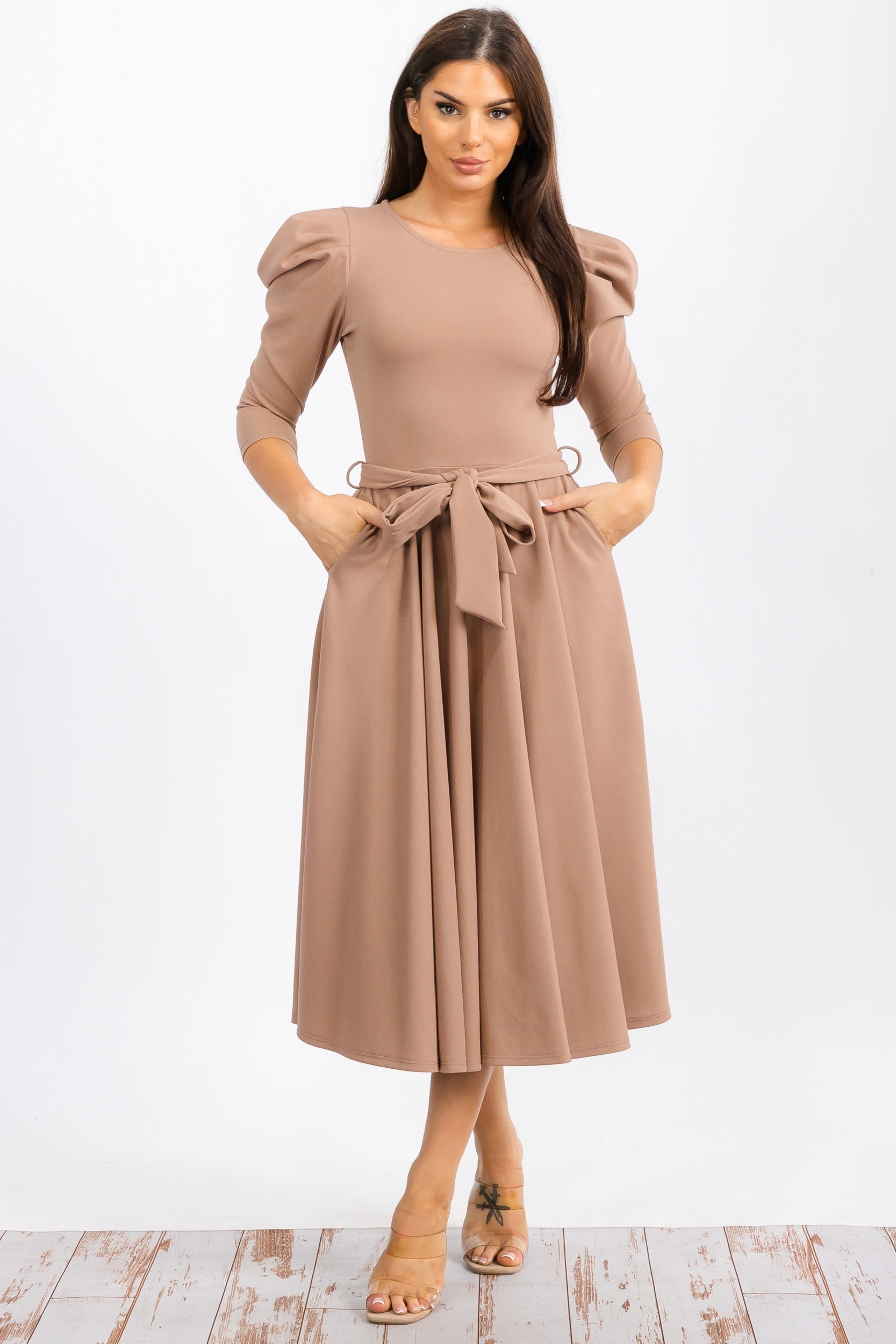 HH698R-LS-S - PUFF LONG SLEEVE MIDI COCKTAIL DRESS