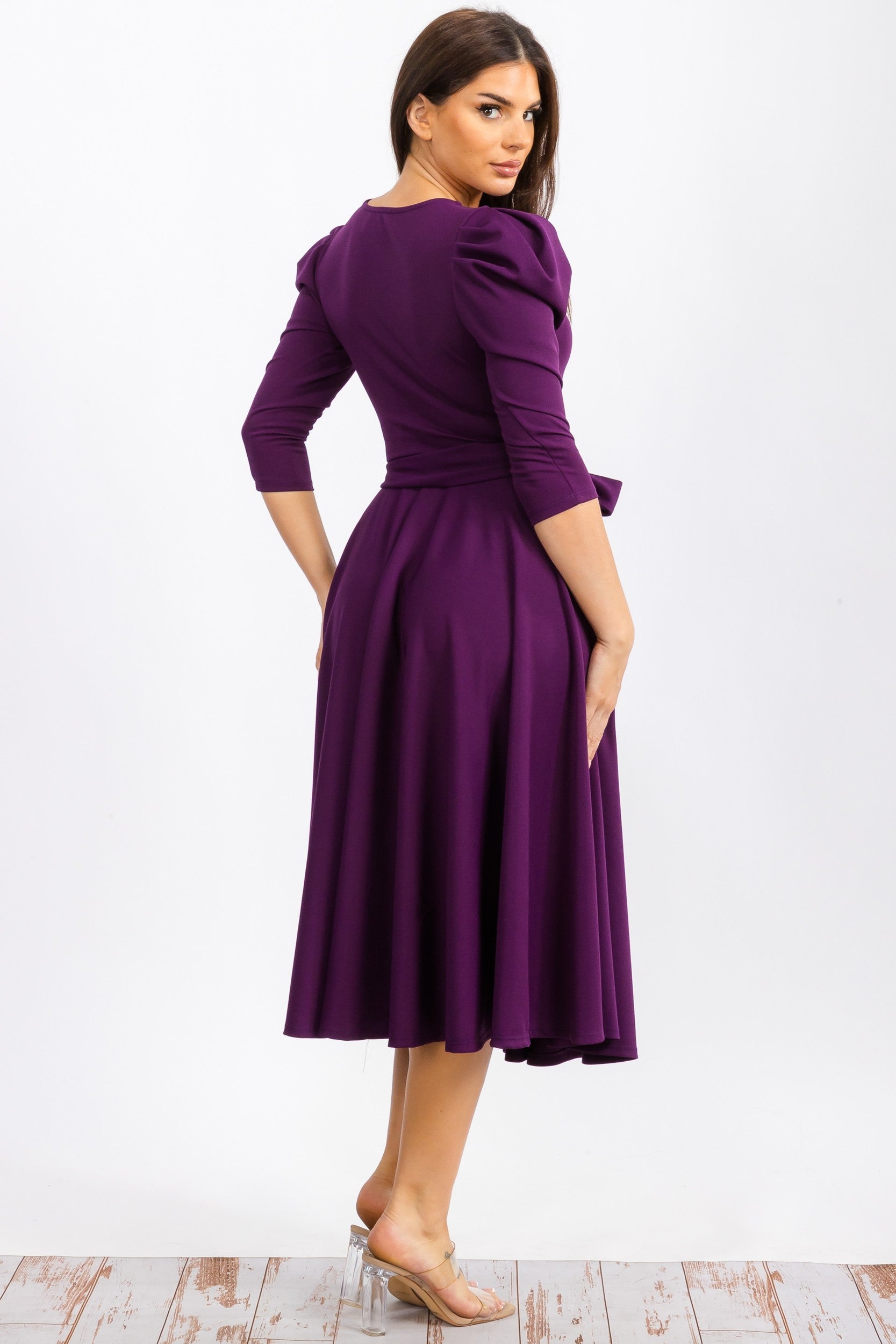 HH698R-LS-S - PUFF LONG SLEEVE MIDI COCKTAIL DRESS