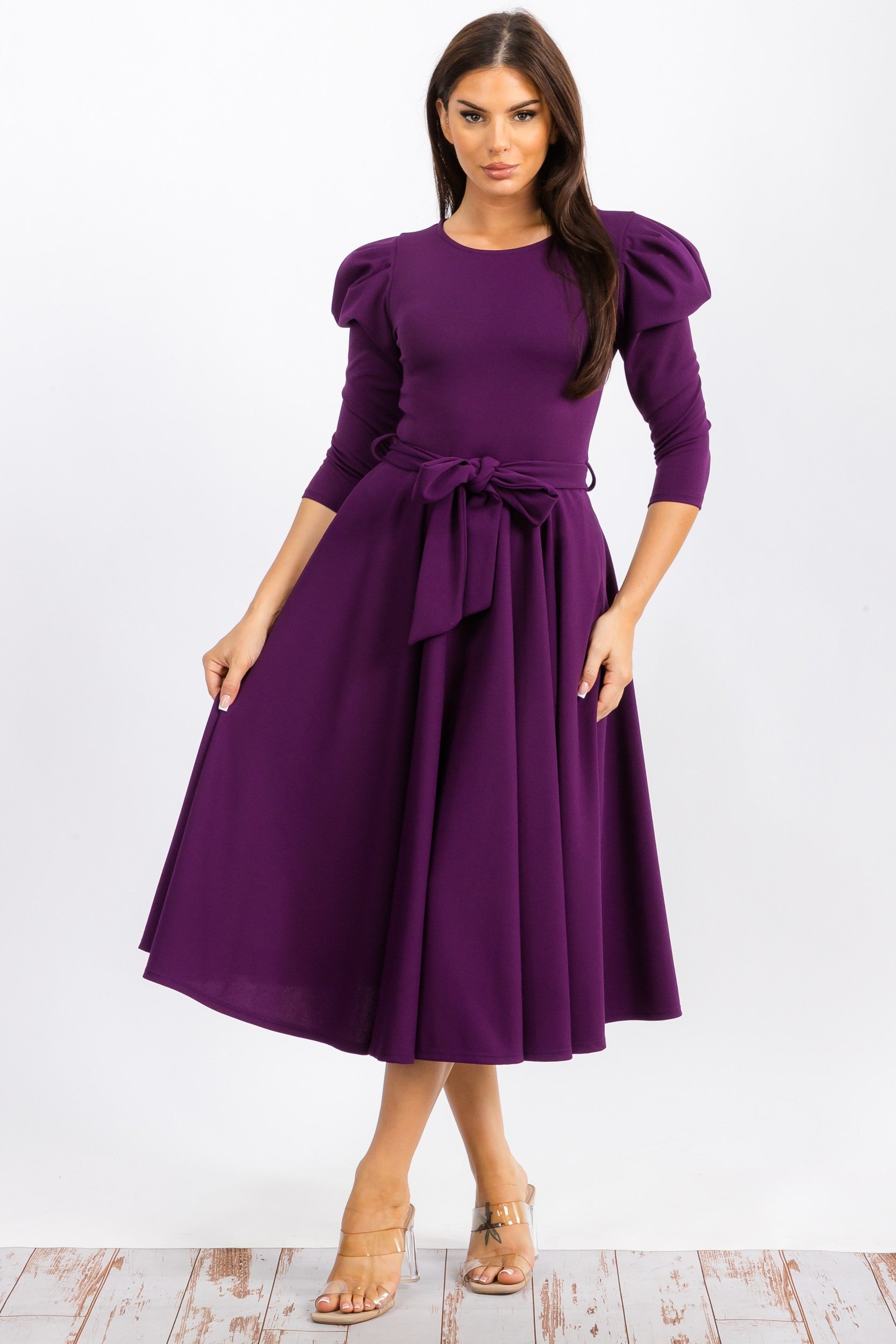 HH698R-LS-S - PUFF LONG SLEEVE MIDI COCKTAIL DRESS