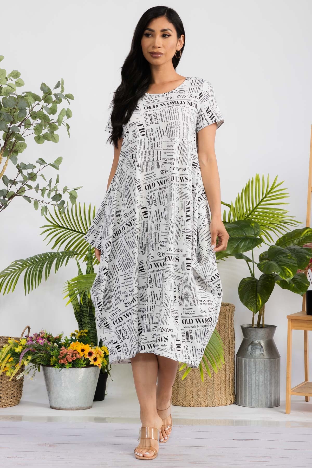 SAN151BR-P8 Newspaper Relaxed Midi Dress
