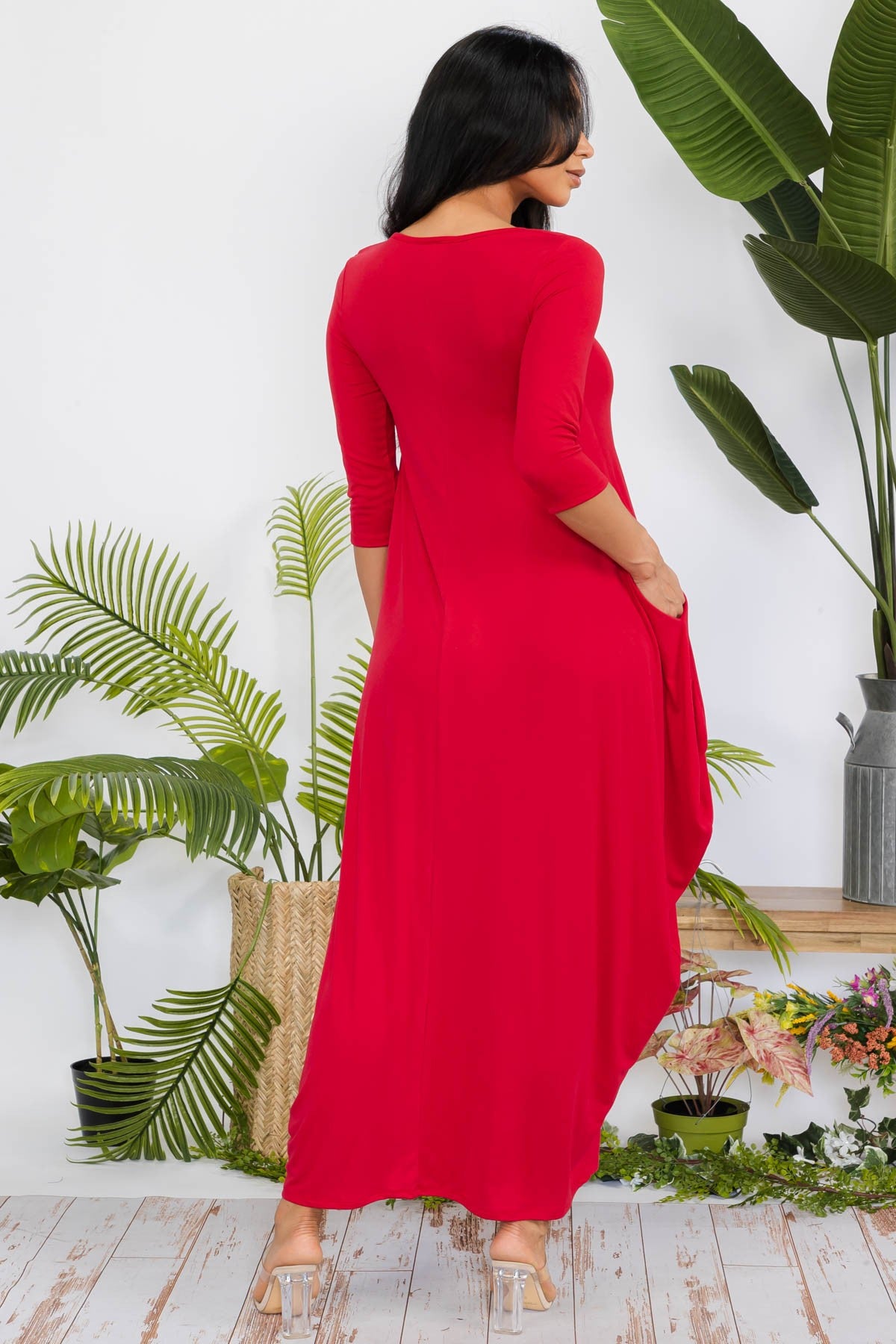 HH645R-SOLID - 3/4 SLEEVE MAXI DRESS