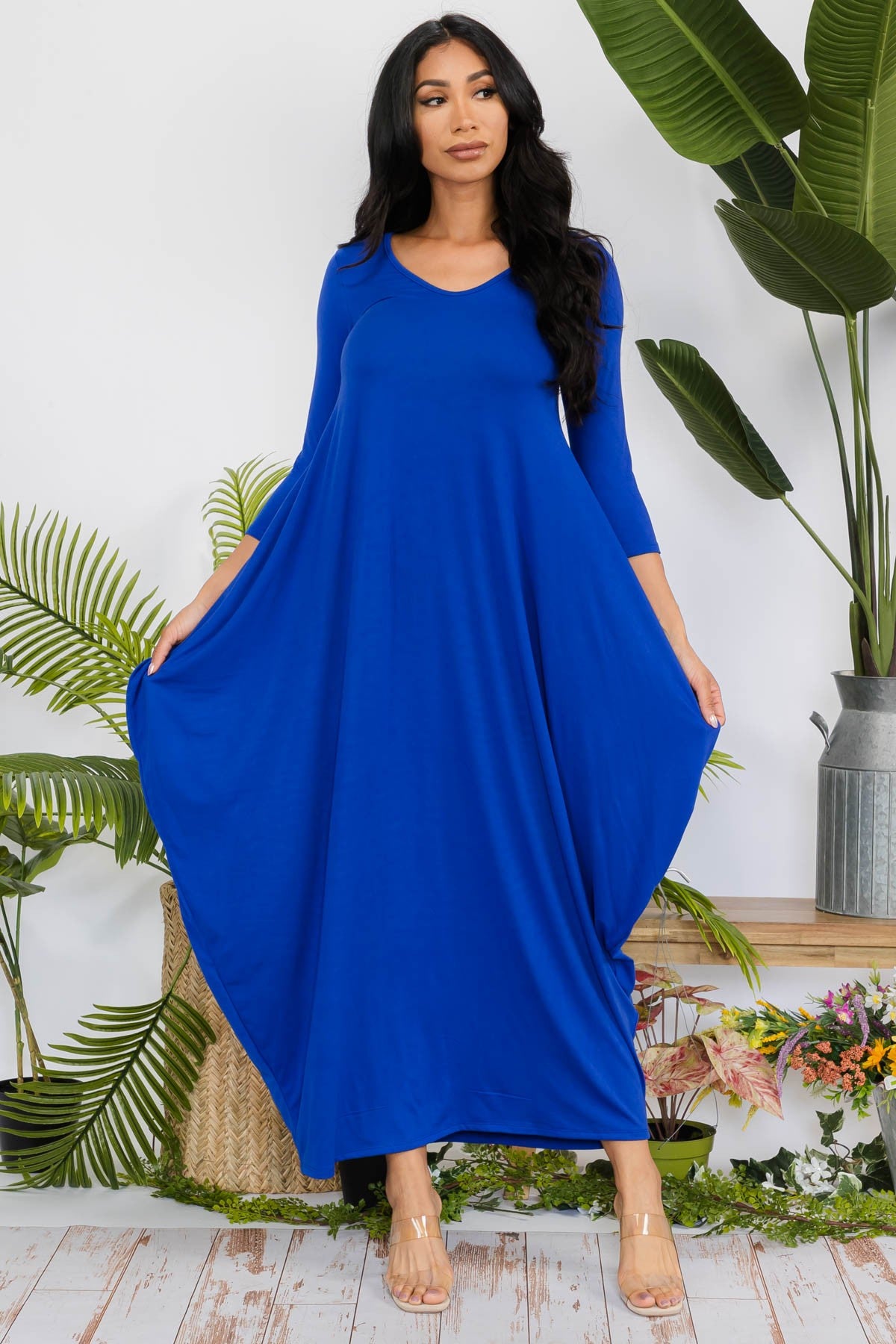 HH645R-SOLID - 3/4 SLEEVE MAXI DRESS