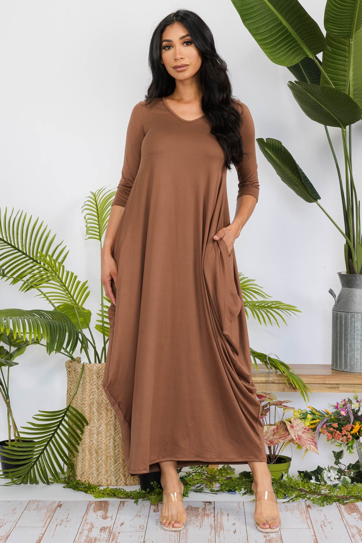 HH645R-SOLID - 3/4 SLEEVE MAXI DRESS