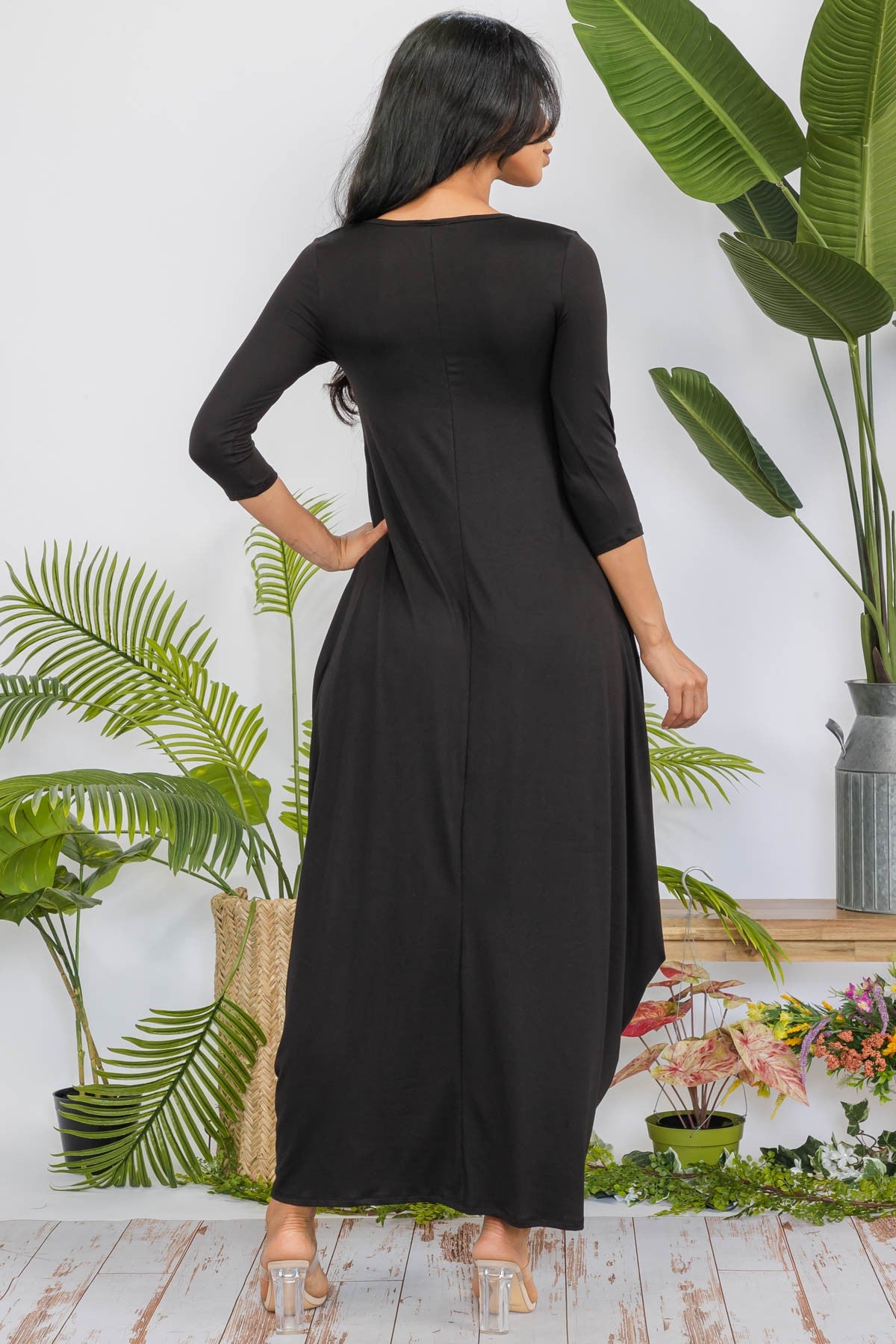 HH645R-SOLID - 3/4 SLEEVE MAXI DRESS