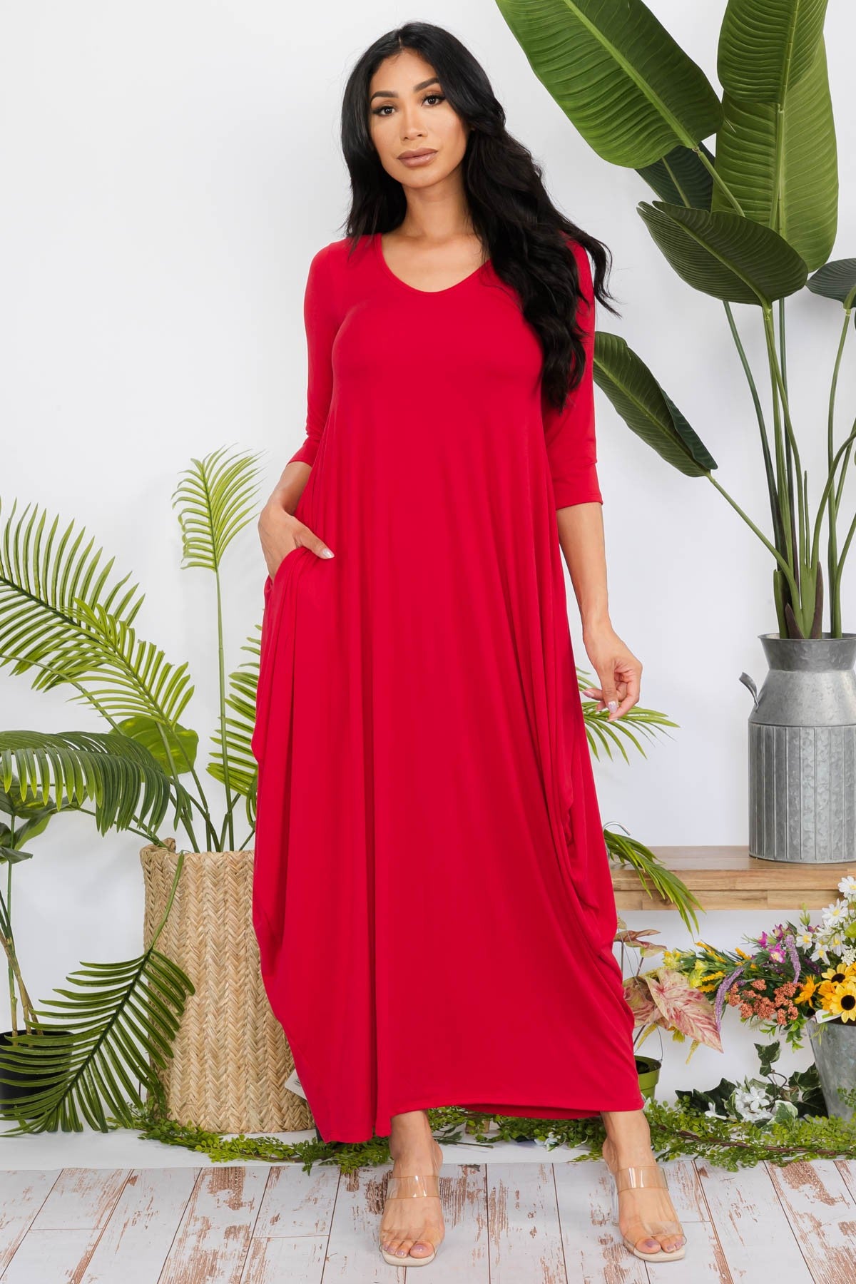 HH645R-SOLID - 3/4 SLEEVE MAXI DRESS