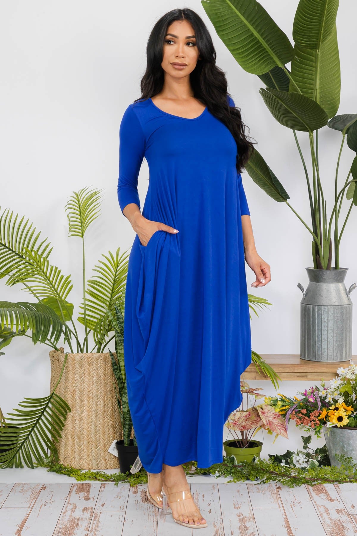 HH645R-SOLID - 3/4 SLEEVE MAXI DRESS