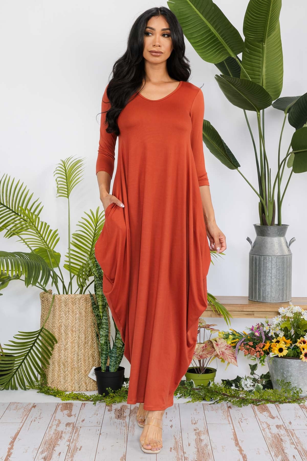 HH645R-SOLID - 3/4 SLEEVE MAXI DRESS