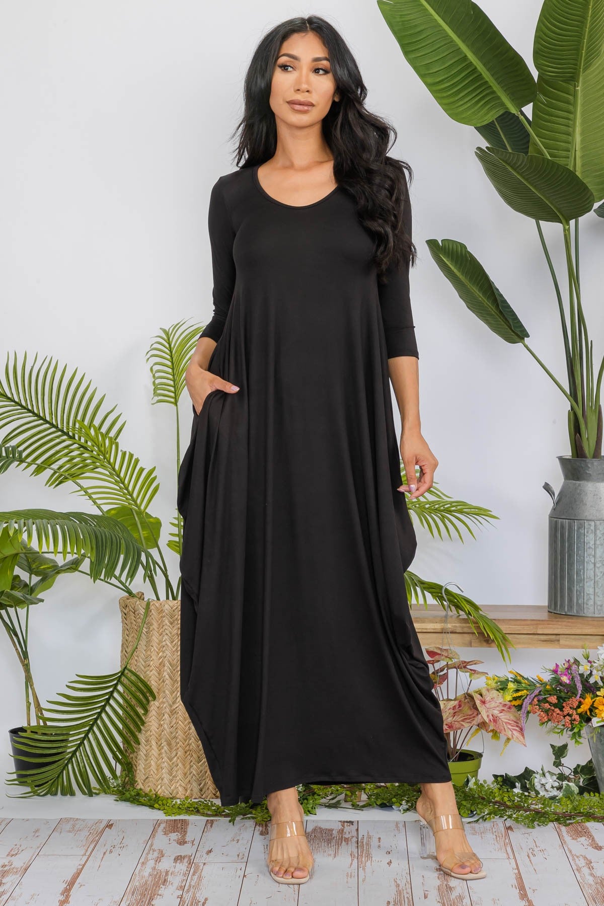 HH645R-SOLID - 3/4 SLEEVE MAXI DRESS