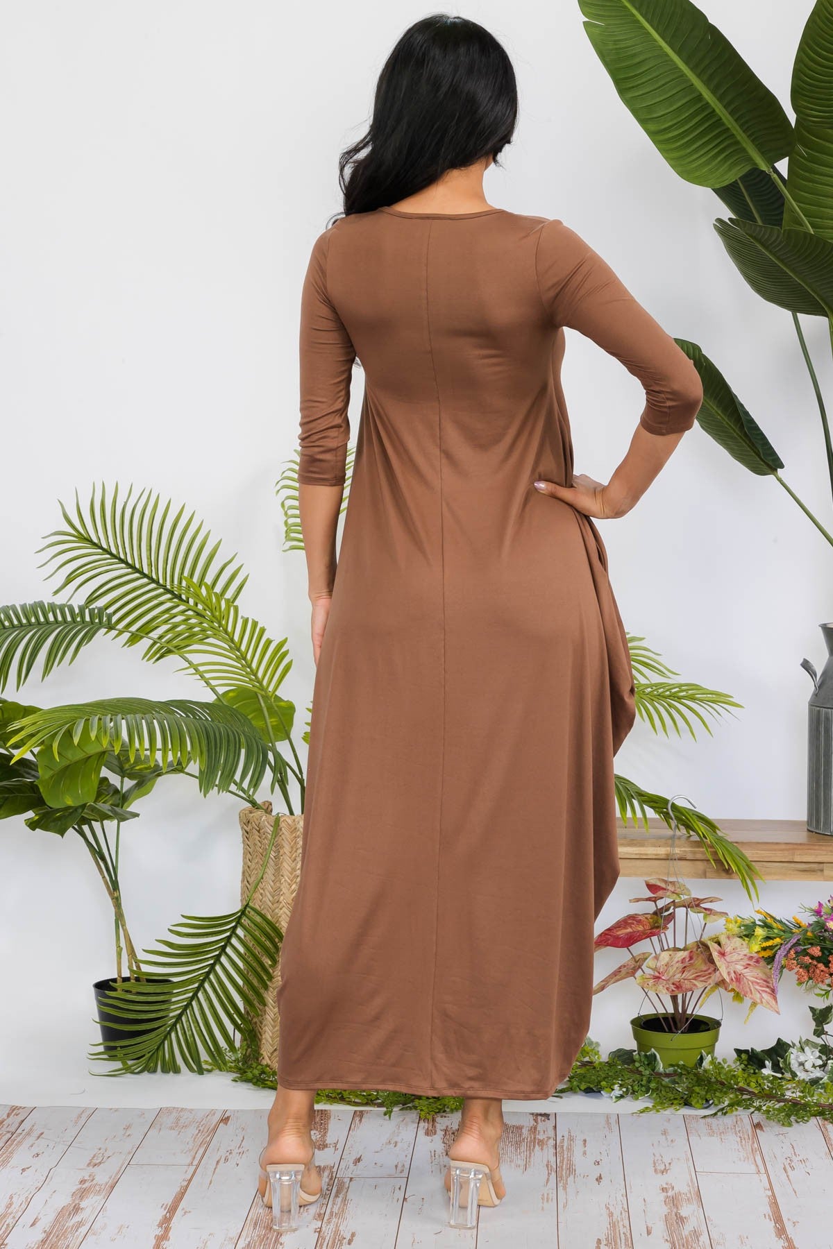 HH645R-SOLID - 3/4 SLEEVE MAXI DRESS