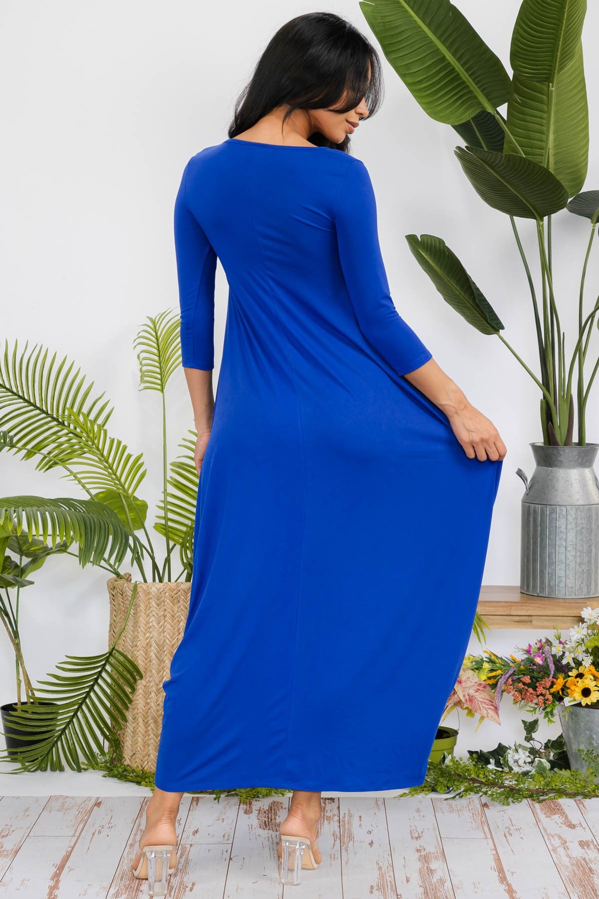 HH645R-SOLID - 3/4 SLEEVE MAXI DRESS