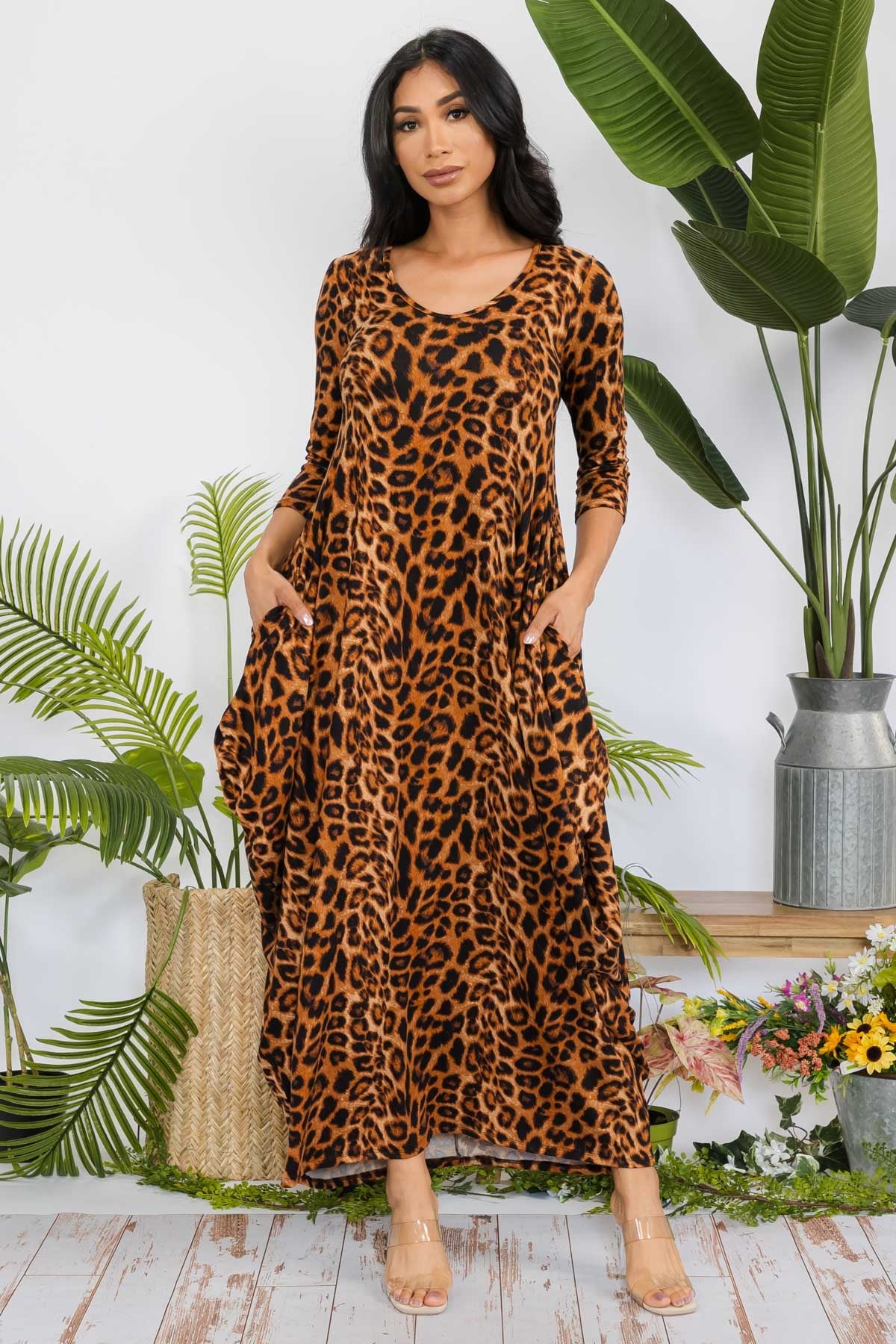 HH645R-TIGER - 3/4 SLEEVE MAXI DRESS