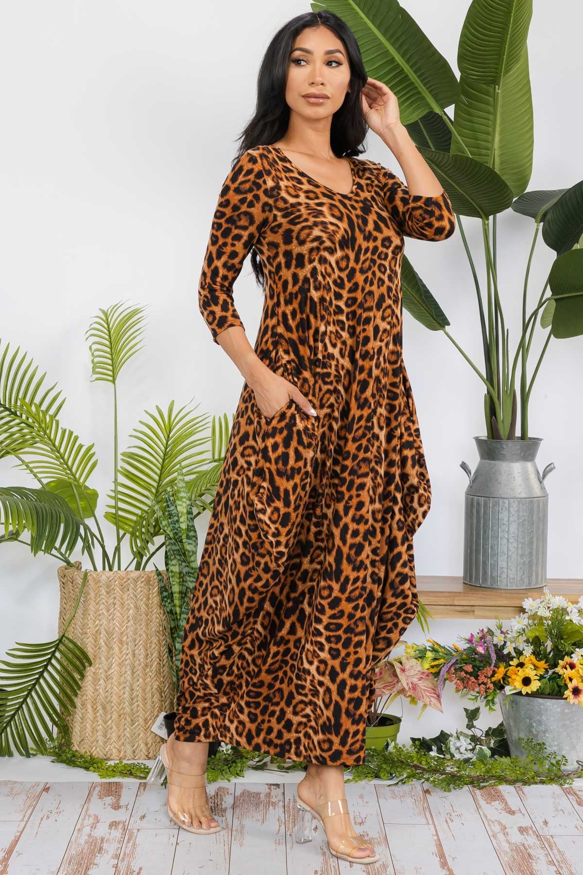 HH645R-TIGER - 3/4 SLEEVE MAXI DRESS