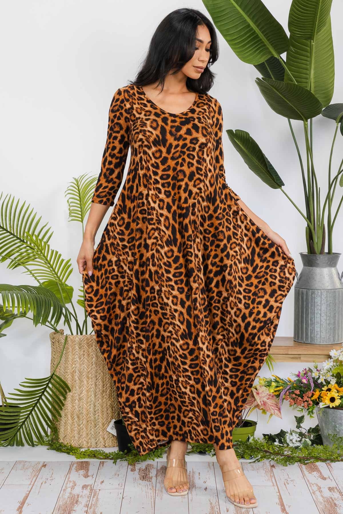 HH645X-TIGER - 3/4 SLEEVE MAXI DRESS