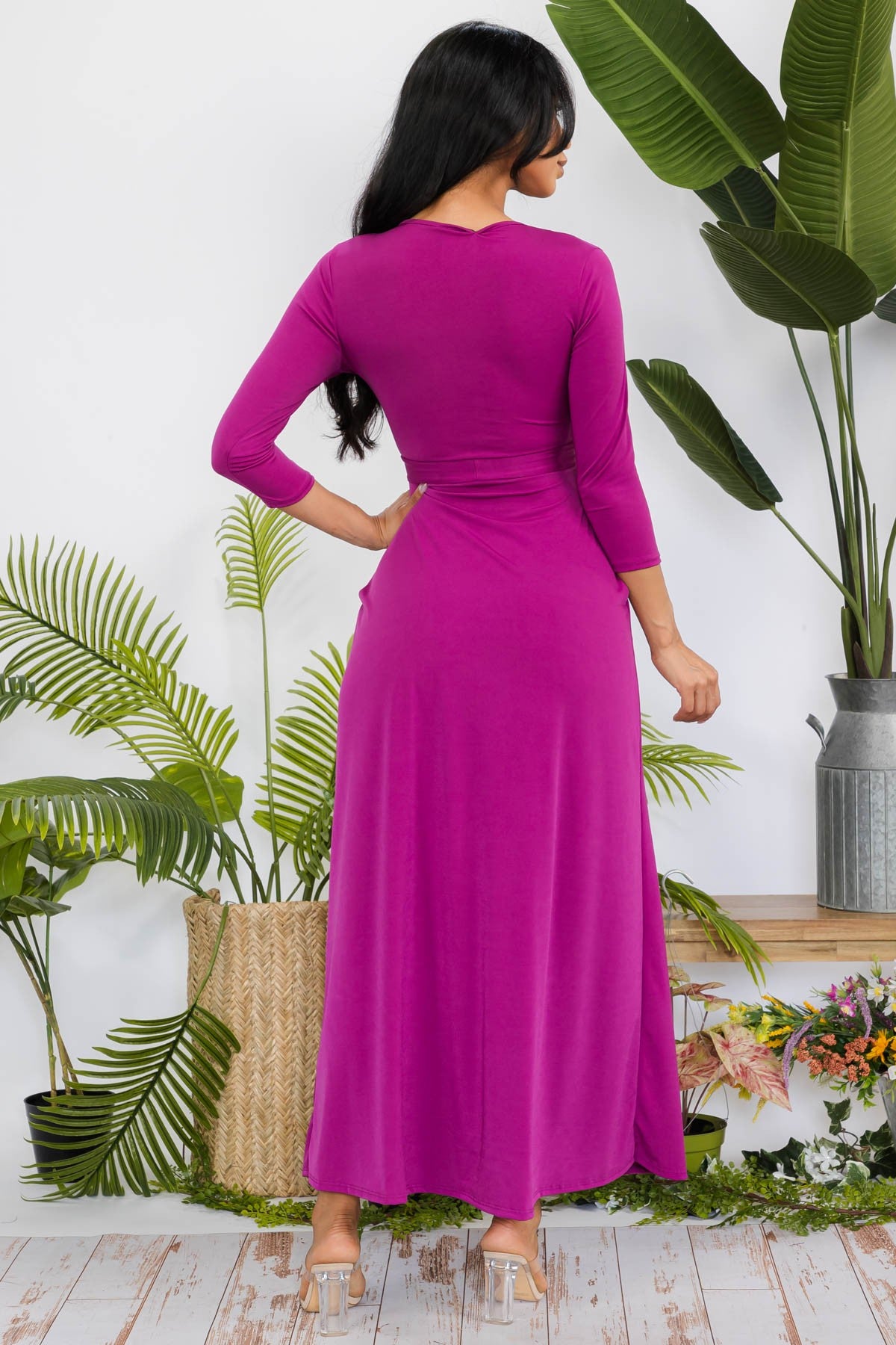 SAN149R-SOLID - 3/4 SLEEVE MAXI DRESS