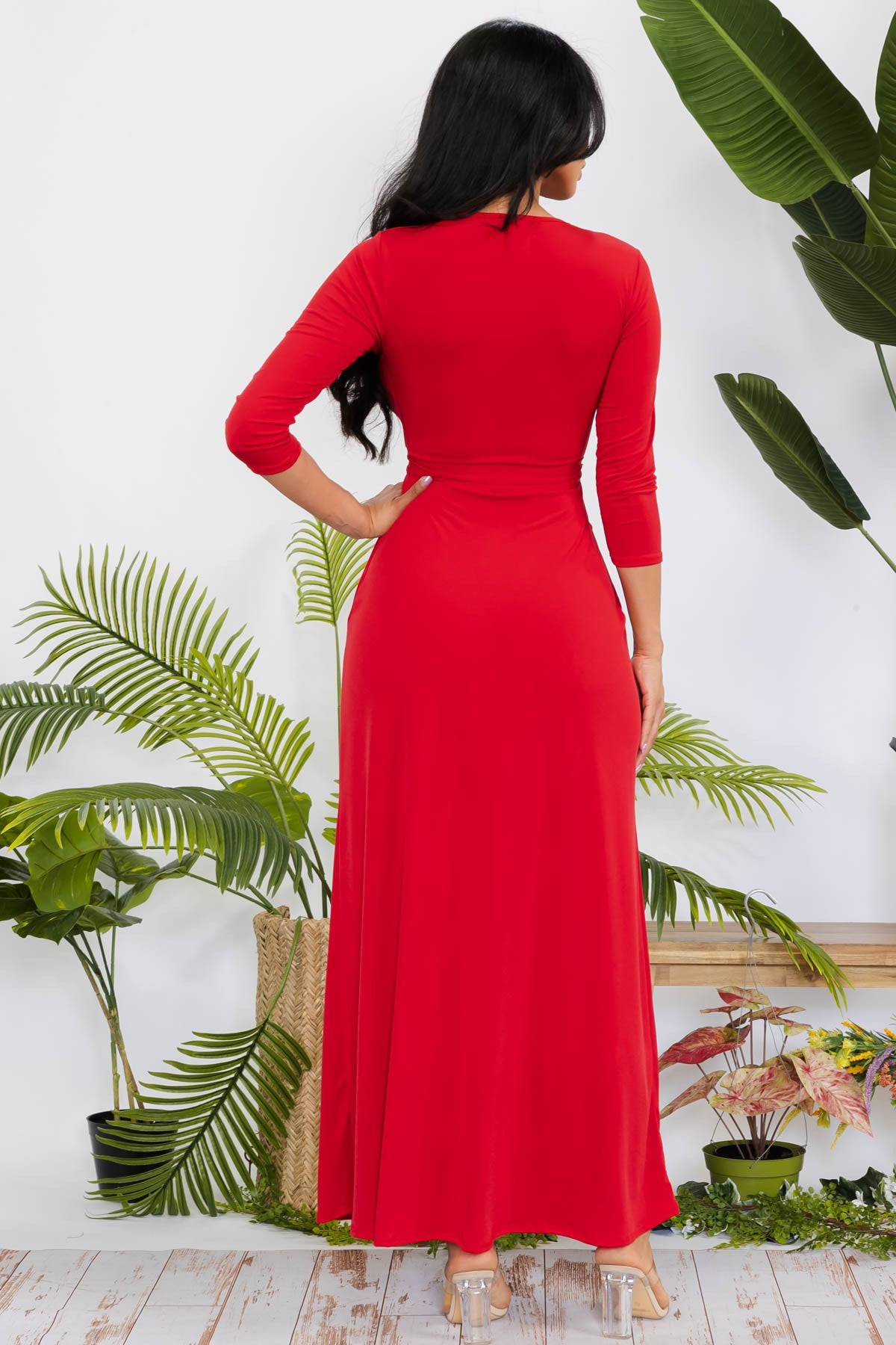 SAN149X-SOLID - 3/4 SLEEVE MAXI DRESS