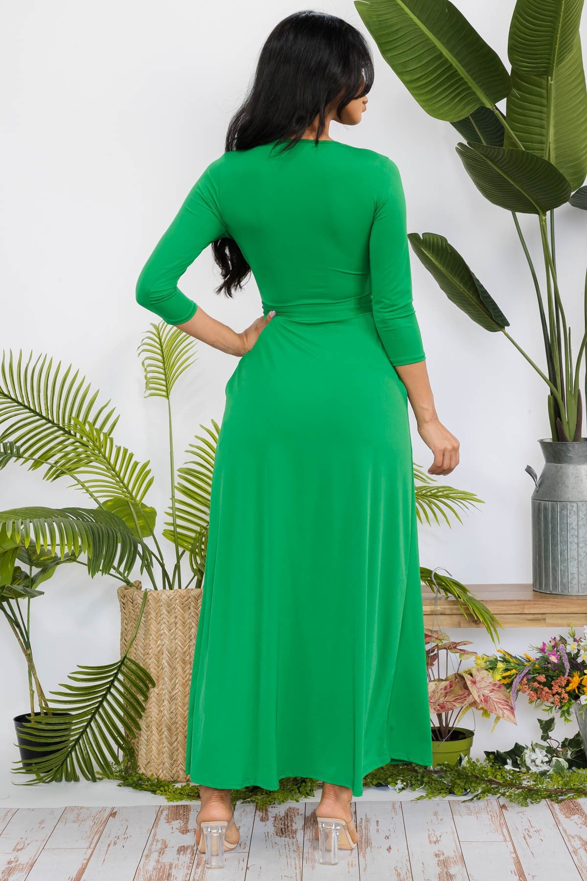 SAN149R-SOLID - 3/4 SLEEVE MAXI DRESS