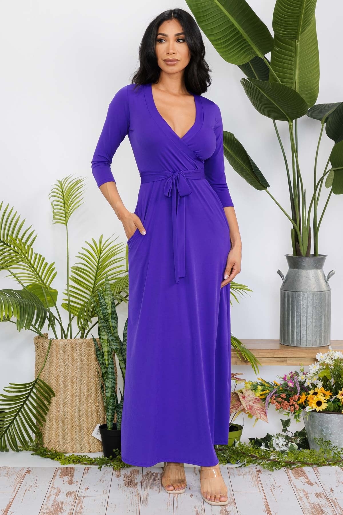 SAN149X-SOLID - 3/4 SLEEVE MAXI DRESS