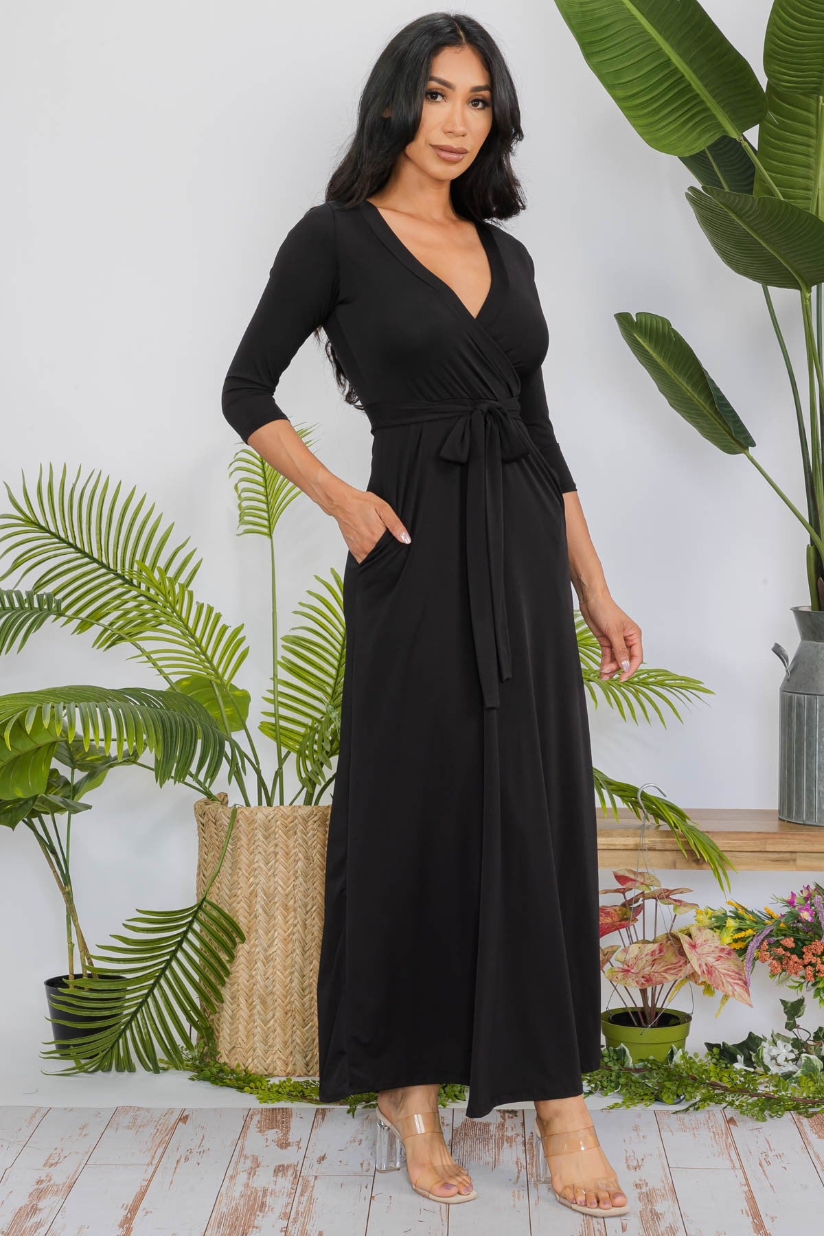 SAN149R-SOLID - 3/4 SLEEVE MAXI DRESS