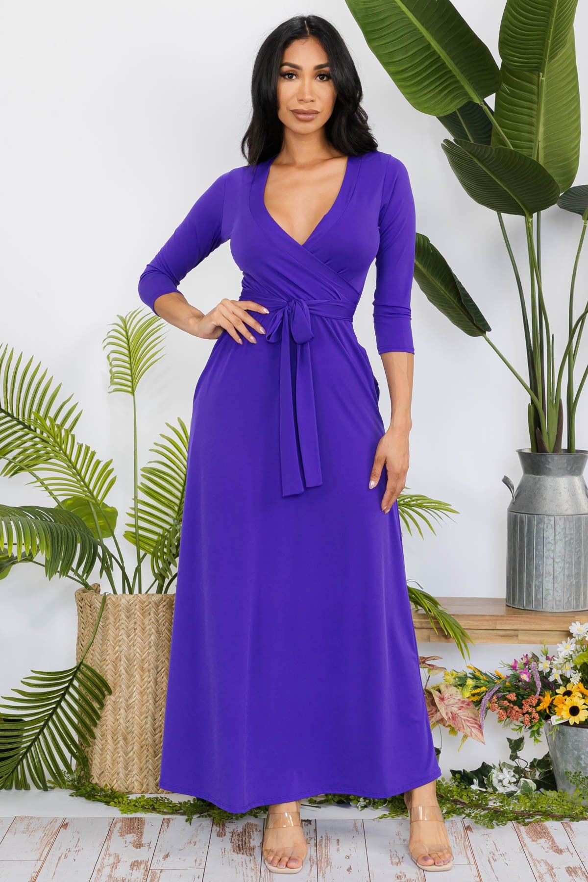 SAN149R-SOLID - 3/4 SLEEVE MAXI DRESS