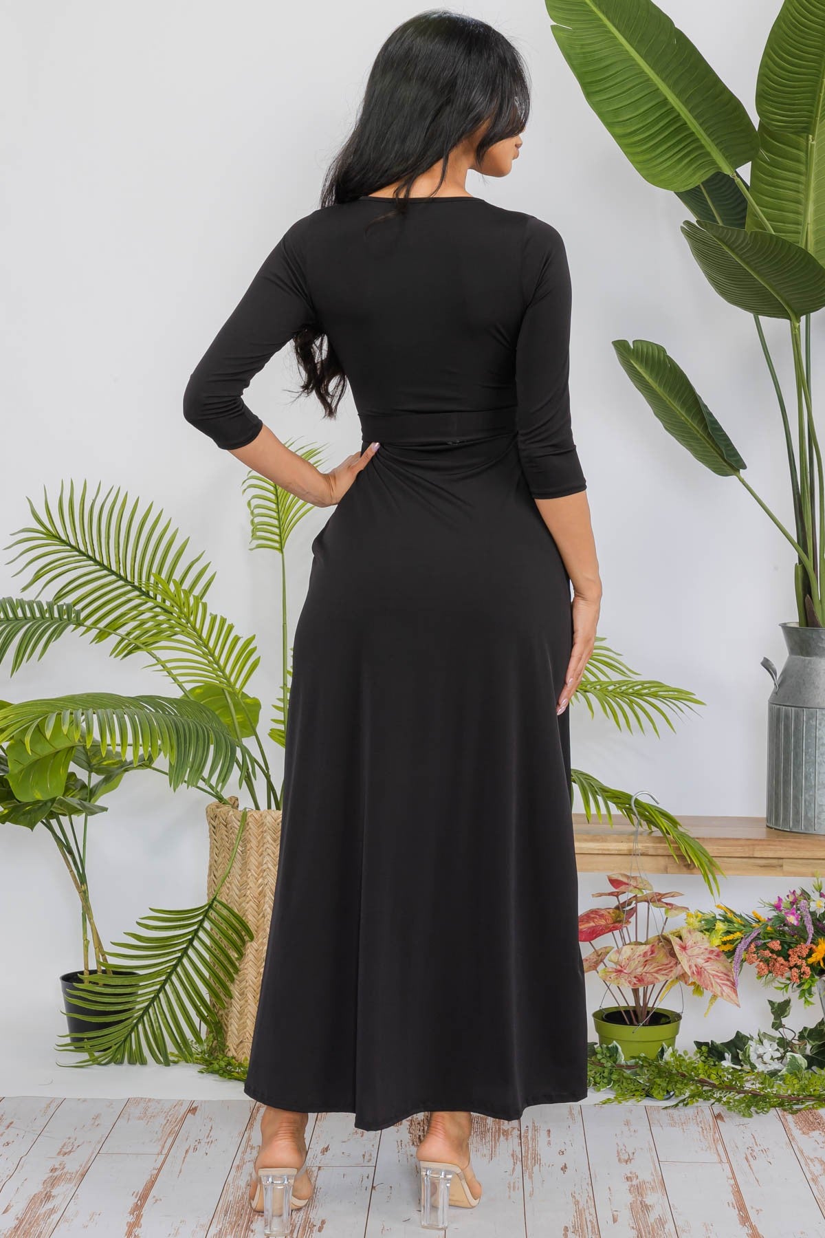 SAN149X-SOLID - 3/4 SLEEVE MAXI DRESS