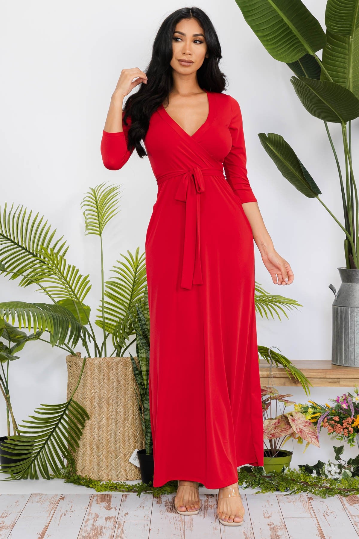 SAN149R-SOLID - 3/4 SLEEVE MAXI DRESS