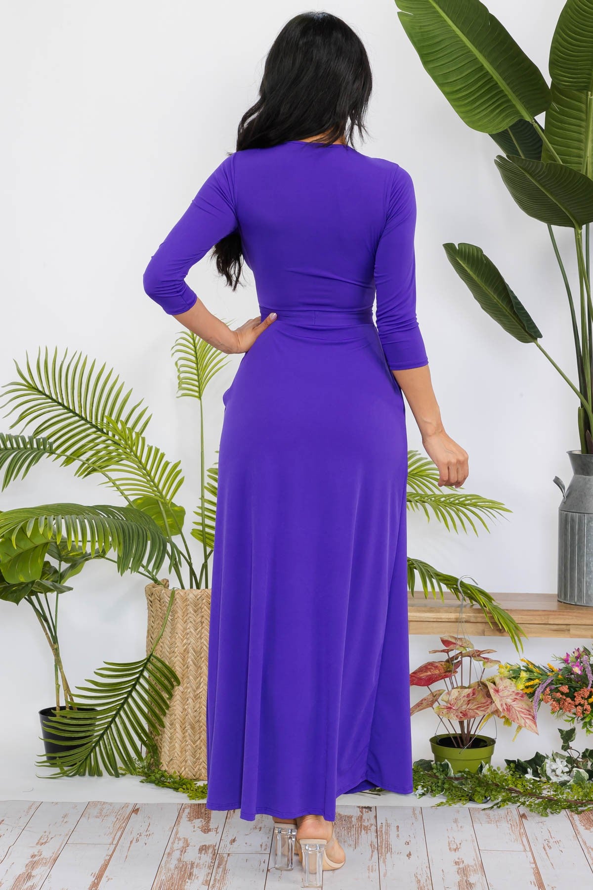 SAN149R-SOLID - 3/4 SLEEVE MAXI DRESS