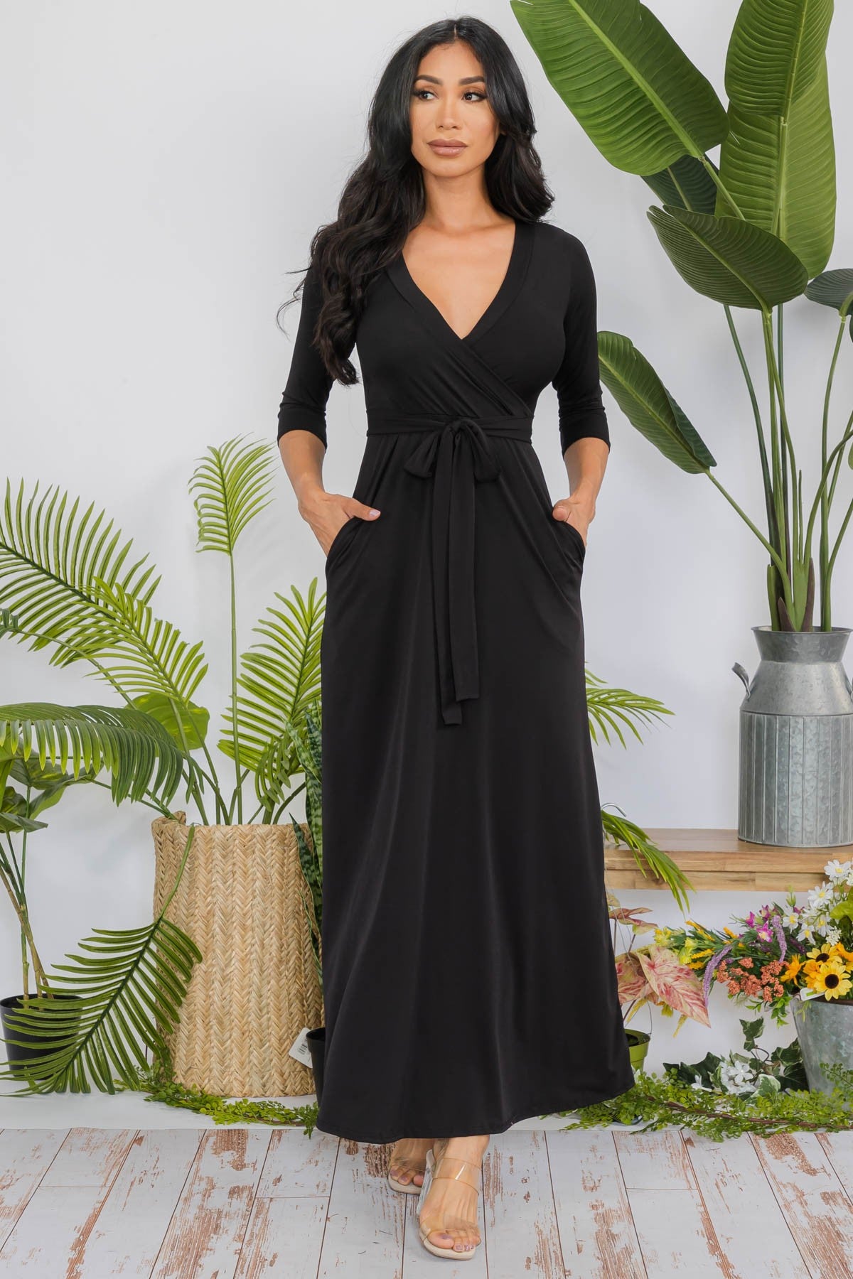 SAN149R-SOLID - 3/4 SLEEVE MAXI DRESS