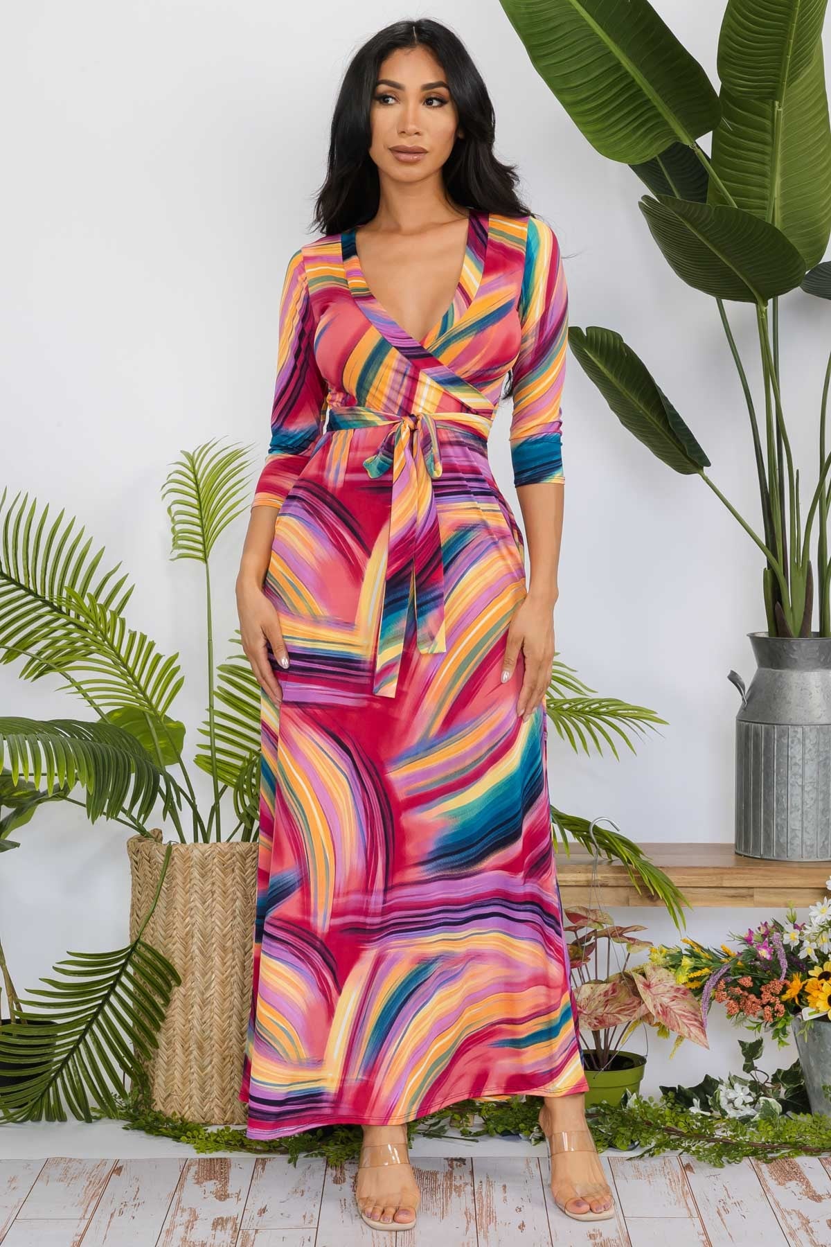 SAN149X-MARBLENEW - 3/4 SLEEVE MAXI DRESS