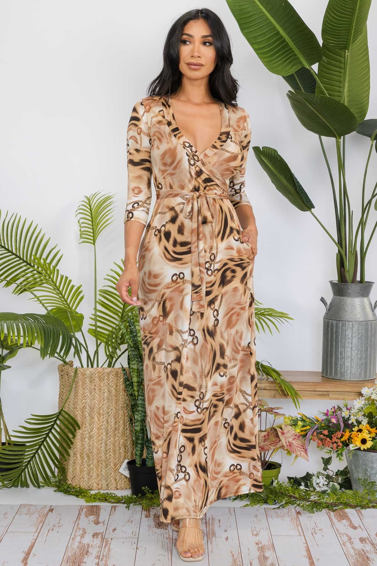 SAN149R-ANIMAL - 3/4 SLEEVE MAXI DRESS