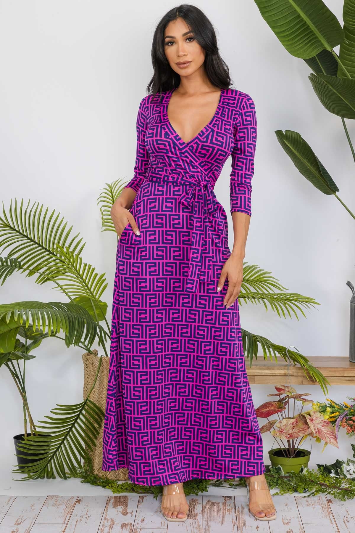 SAN149X-GEO - 3/4 SLEEVE MAXI DRESS