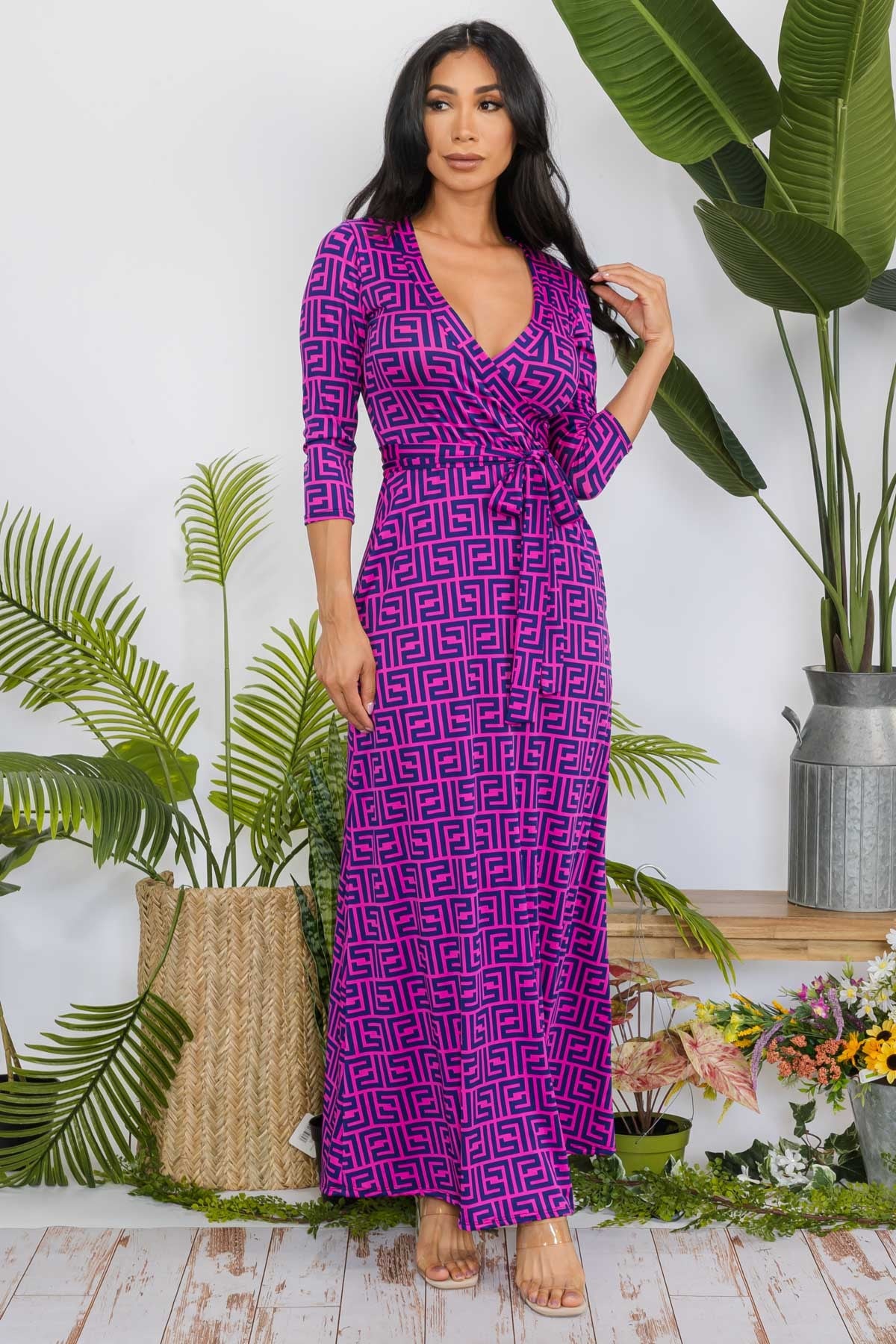 SAN149X-GEO - 3/4 SLEEVE MAXI DRESS