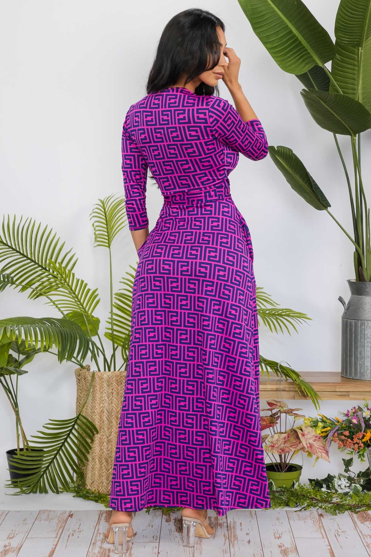 SAN149X-GEO - 3/4 SLEEVE MAXI DRESS