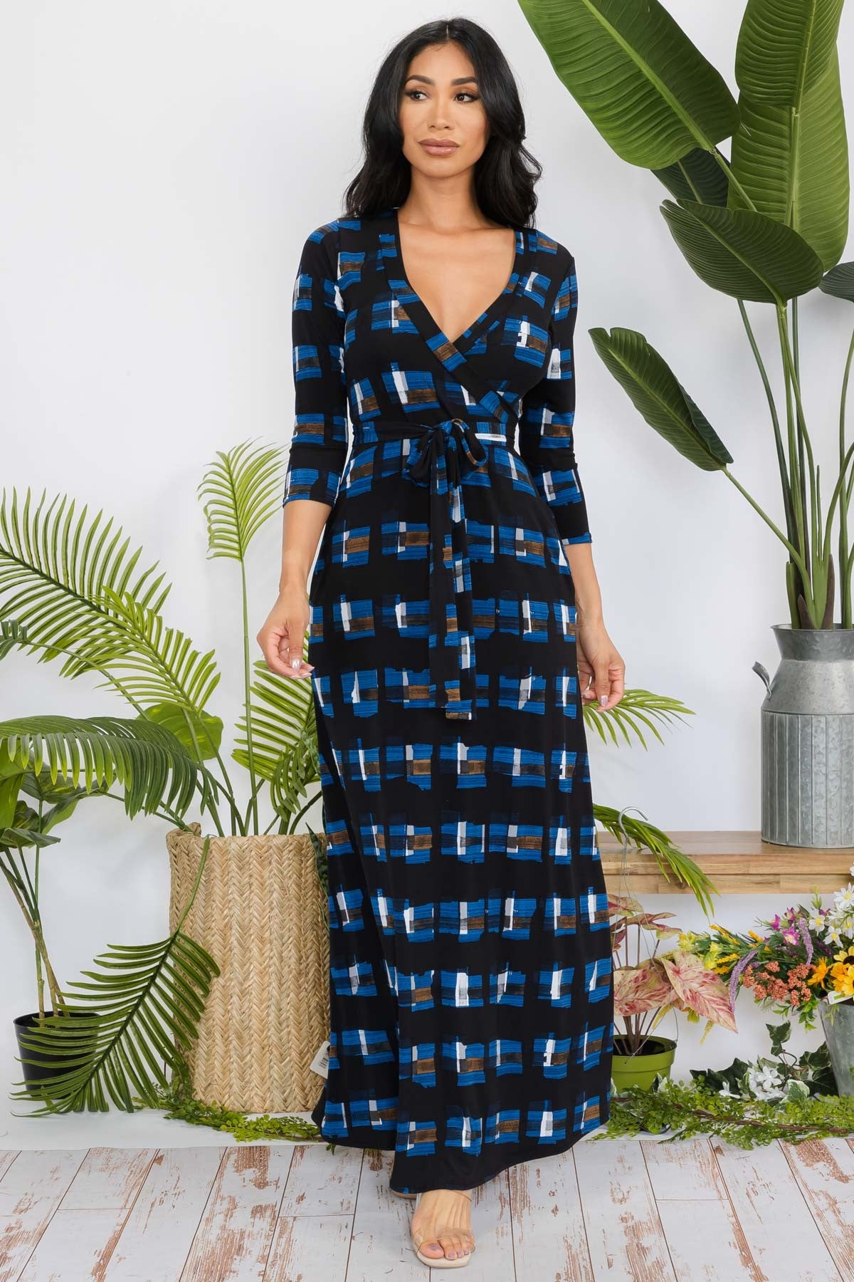 SAN149X-SQUARES - 3/4 SLEEVE MAXI DRESS