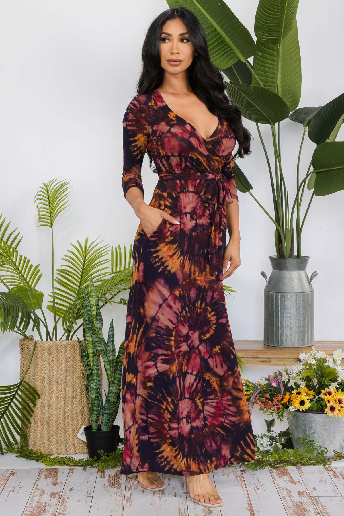 SAN149R-TIEDYE - 3/4 SLEEVE MAXI DRESS