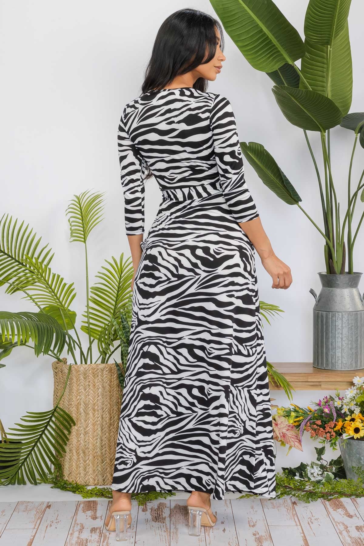 SAN149R-ZEBRA - 3/4 SLEEVE MAXI DRESS