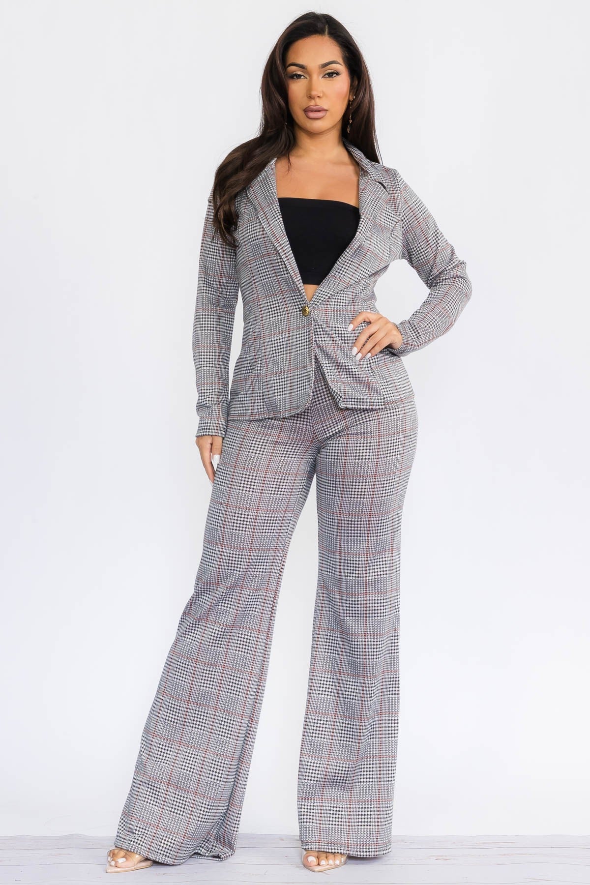 HH741X-P1 - Plus Size Plaid Blazer & Wide Leg Pant Set