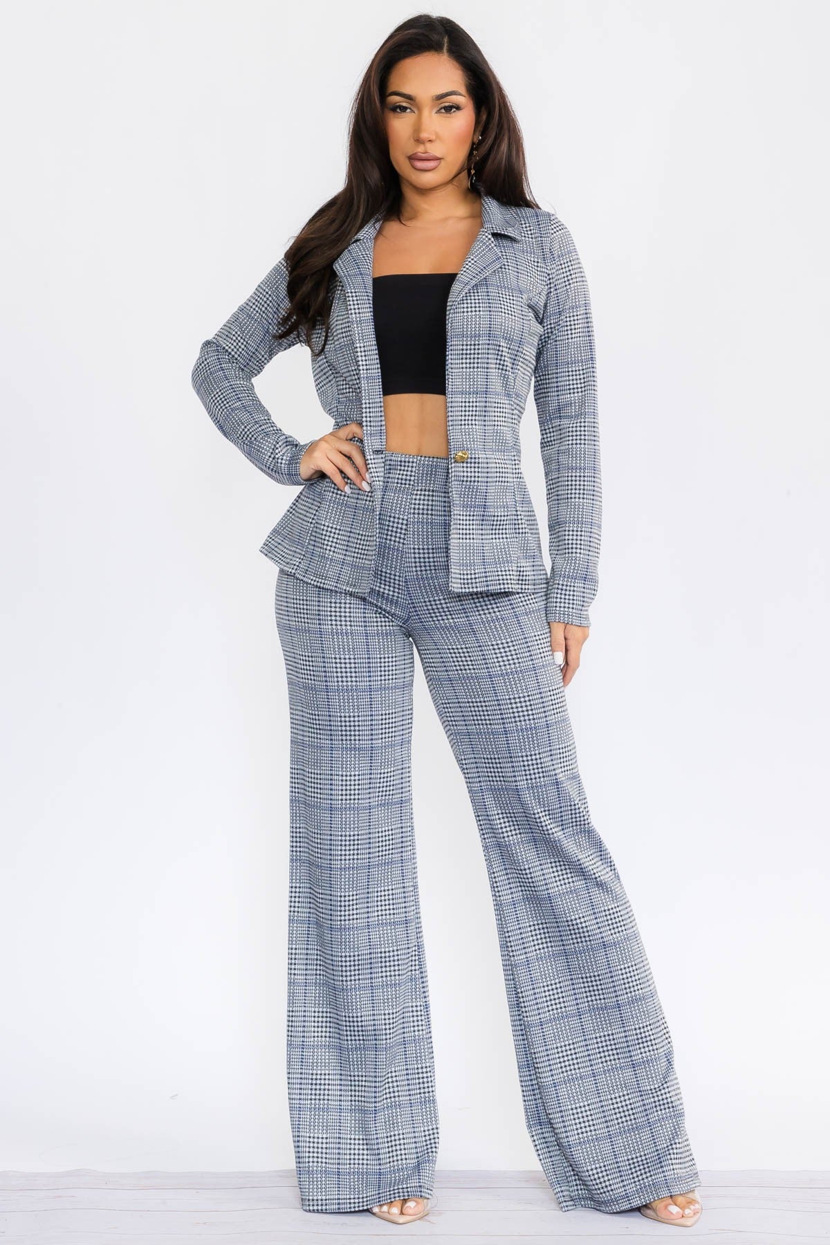 HH741X-P1 - Plus Size Plaid Blazer & Wide Leg Pant Set