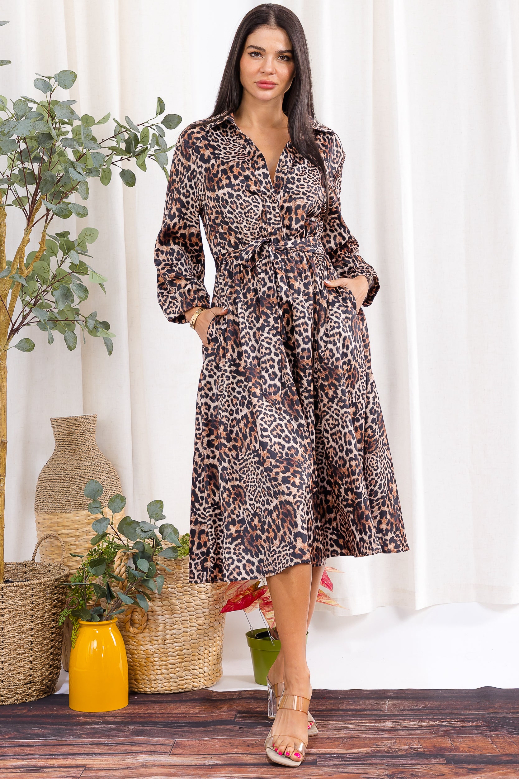 H003X-P Plus Size Printed Button-Down Belted Midi Dress